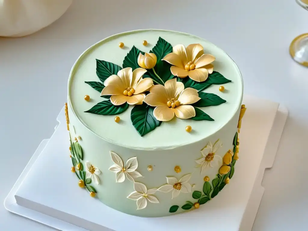 Tips profesionales en pintura comestible para repostería: Intrincado diseño floral dorado sobre pastel blanco