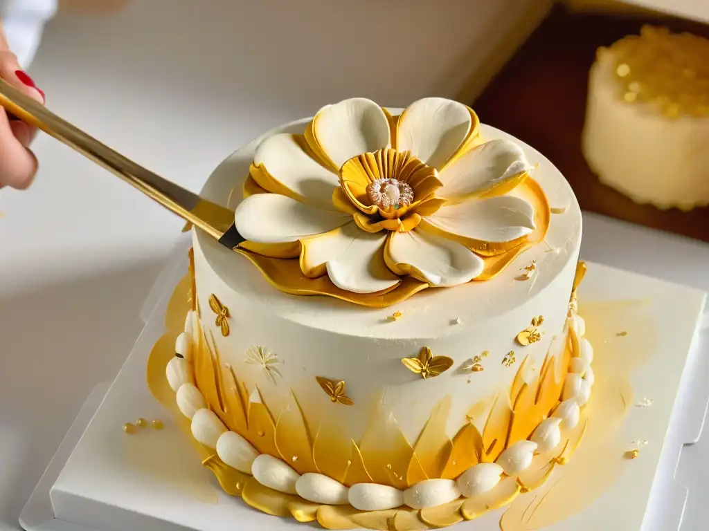 Tips profesionales pintura comestible repostería: Detalle de flor de azúcar dorada en pastel blanco