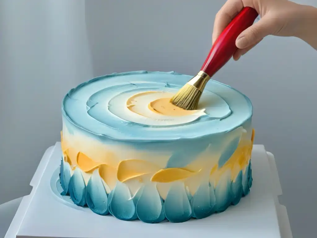 Tips profesionales pintura comestible repostería: Pincel dorado aplicando pintura brillante en un pastel decorado con detalle