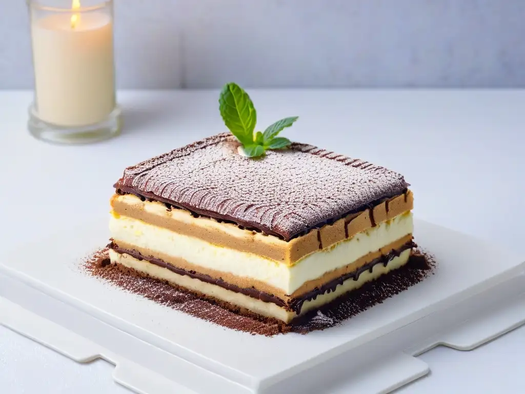 Un tiramisú sin gluten reinventado con capas de bizcochos empapados en café y mascarpone, espolvoreado con cacao y menta fresca en un plato blanco