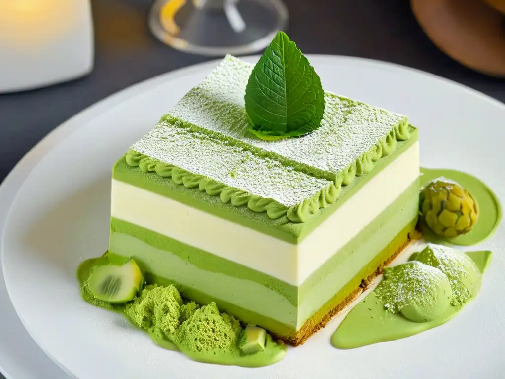 Un tiramisú de matcha receta gourmet presentado con elegancia en un ambiente lujoso