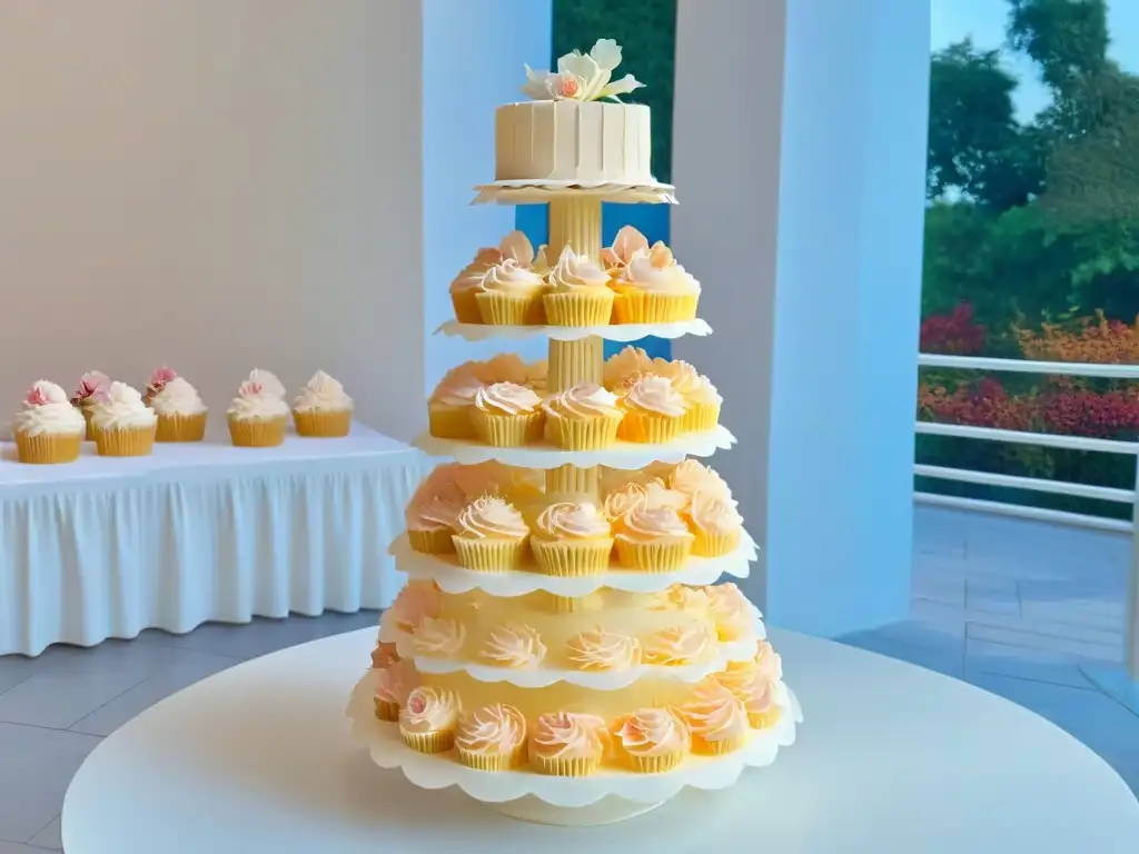 Una torre de cupcakes para bodas creativos, decorados con detalles florales en tonos de rosa, marfil y dorado, perlas comestibles en cada uno