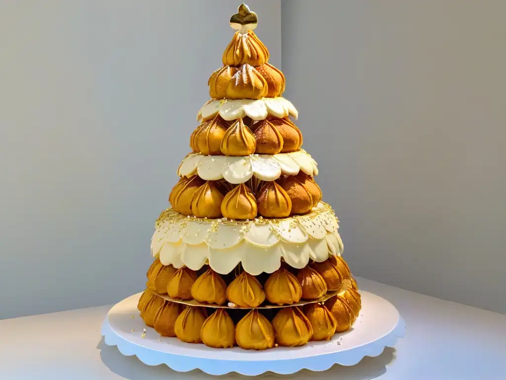 Torre de croquembouche francés detallada con hilos de caramelo dorado, profiteroles y flores comestibles