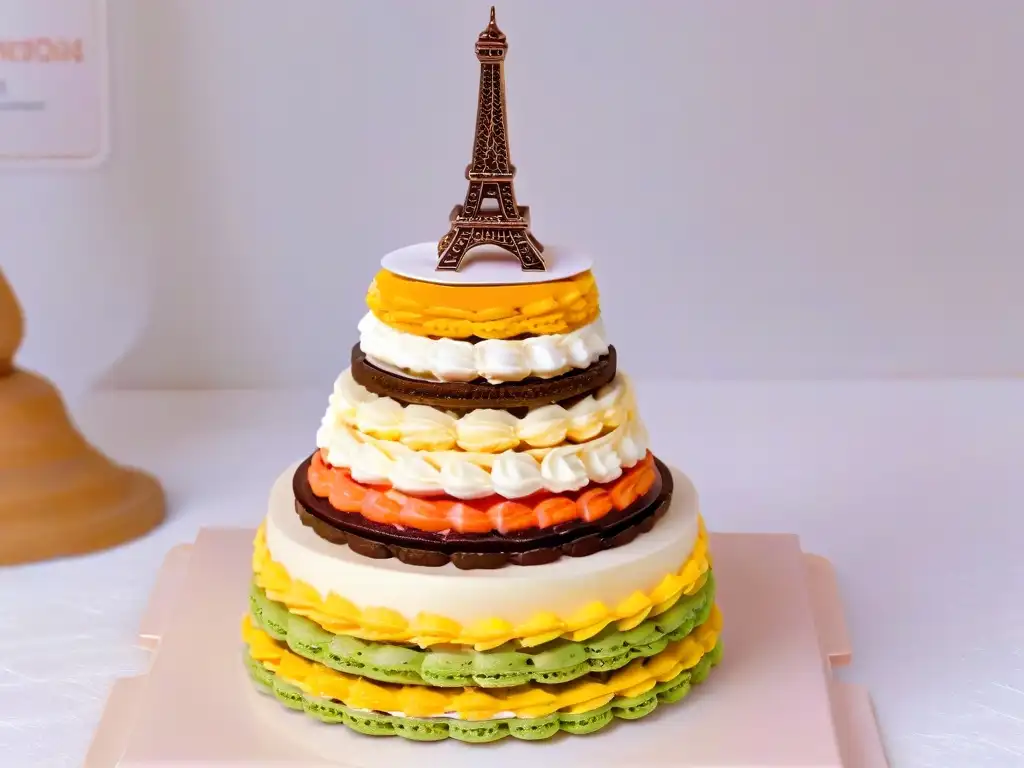 Una torre Eiffel dulce y detallada hecha de macarons coloridos, creando una obra de arte comestible vibrante y deliciosa