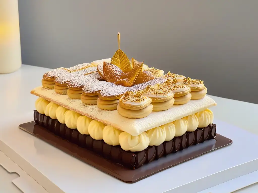 Torre de elegantes éclairs con glaseado de chocolate y láminas de oro comestible, en un fondo blanco