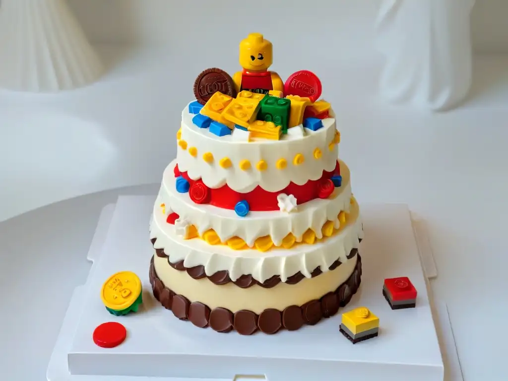 Torre de galletas de Lego divertidas y coloridas, decoradas con precisión y creatividad, sobre un plato blanco moderno