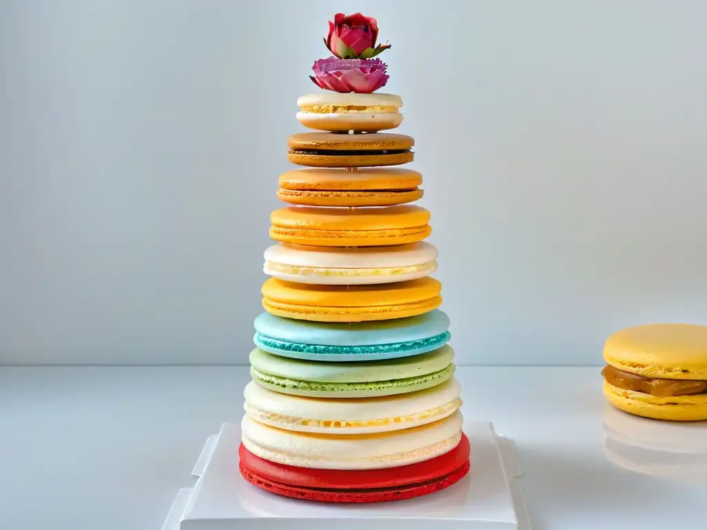 Torre de macarons con aceites esenciales, texturas y colores vibrantes, en un ambiente sofisticado de repostería