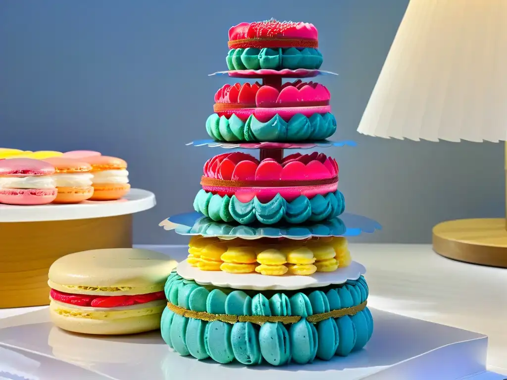 Torre de macarons para bodas: Elegante y vibrante torre de macarons en degradado, perfecta para un postre de boda lujoso y chic