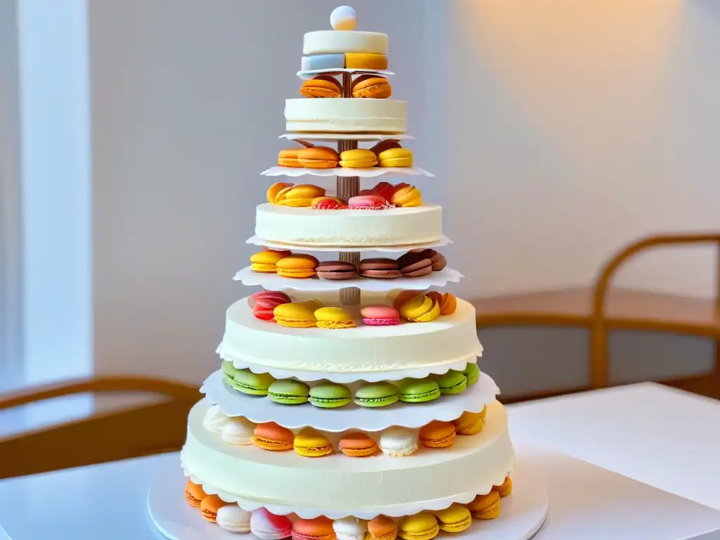 Torre de macarons coloridos en concurso de repostería inusuales mundo