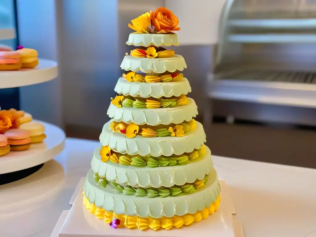 Torre de macarons delicadamente decorada en tonos pastel y detalles dorados, exhibida en una cocina de pastelería francesa