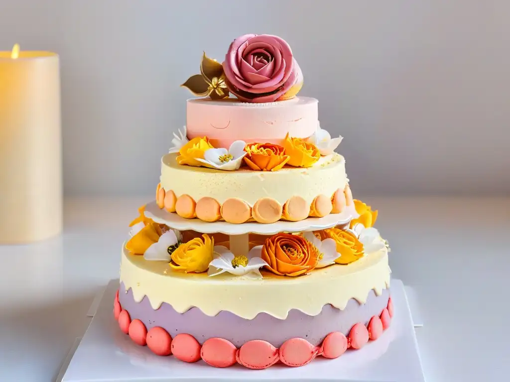 Torre de macarons delicadamente decorados en una exquisita combinación de sabores en repostería