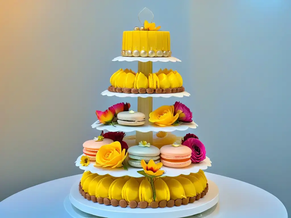 Una torre de macarons decorados con precisión en un concurso de repostería, exhibiendo colores vibrantes y diseños detallados