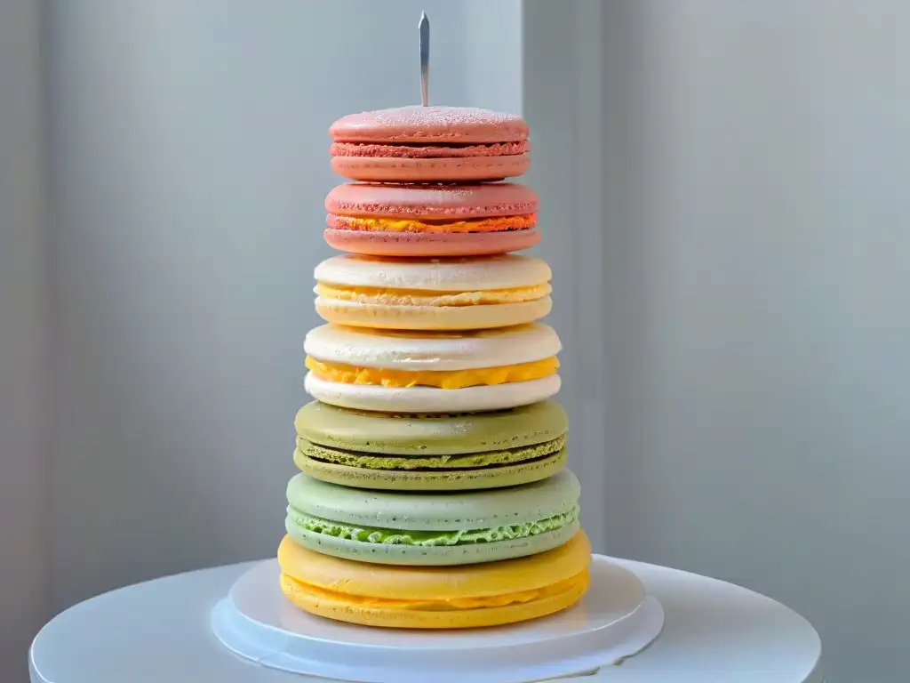 Una torre de macarons delicada y colorida, resaltando las combinaciones de sabores en repostería