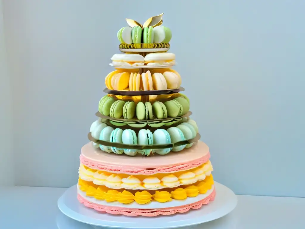 Una torre de macarons delicada y detallada en colores pastel, mostrando la artesanía de la repostería internacional