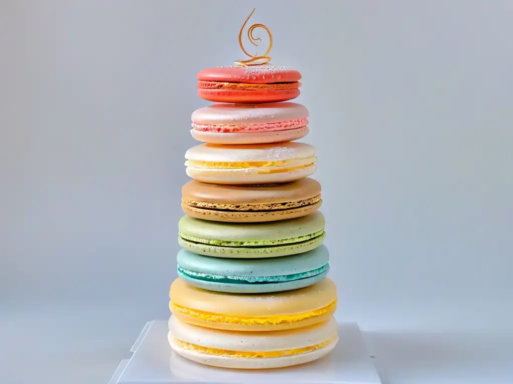 Un torre de macarons exquisitamente detallada con colores pastel, detalles delicados y toques de oro comestible