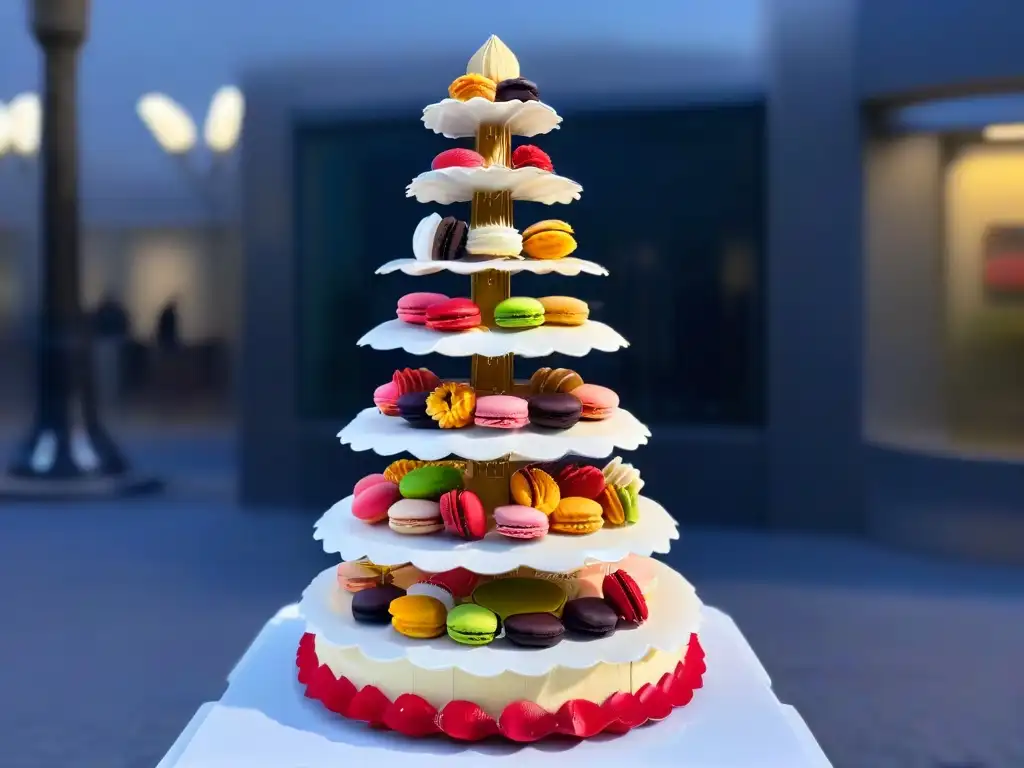 Una torre de macarons detallada y colorida que representa sabores internacionales en un taller de repostería global