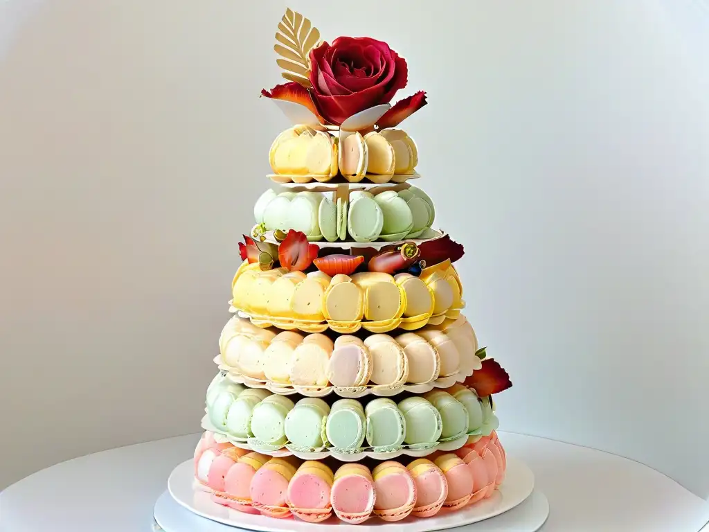 Una torre de macarons exquisitamente detallada en tonos pastel y detalles de hoja de oro, en un fondo blanco