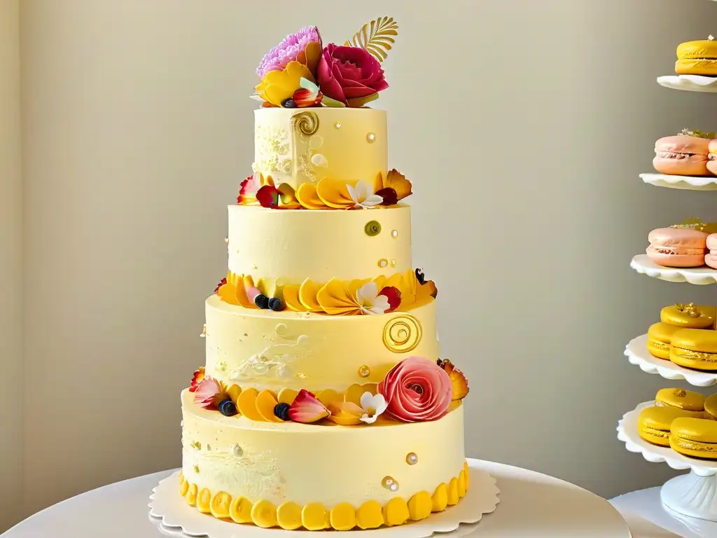 Una torre de macarons exquisitamente detallada y vibrante, con sabores diversos y decoraciones florales delicadas