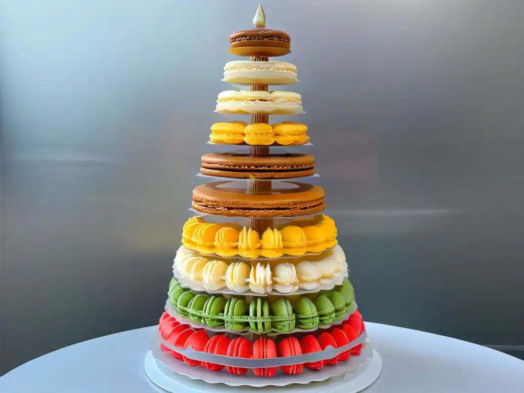 Una torre de macarons delicadamente diseñada, resaltando la artesanía de la repostería francesa