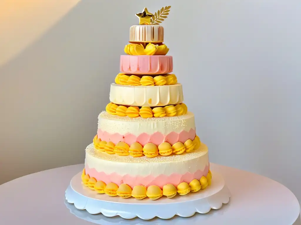 Una torre de macarons delicadamente diseñada, con colores pastel vibrantes y detalles de hoja de oro comestible, en un fondo blanco