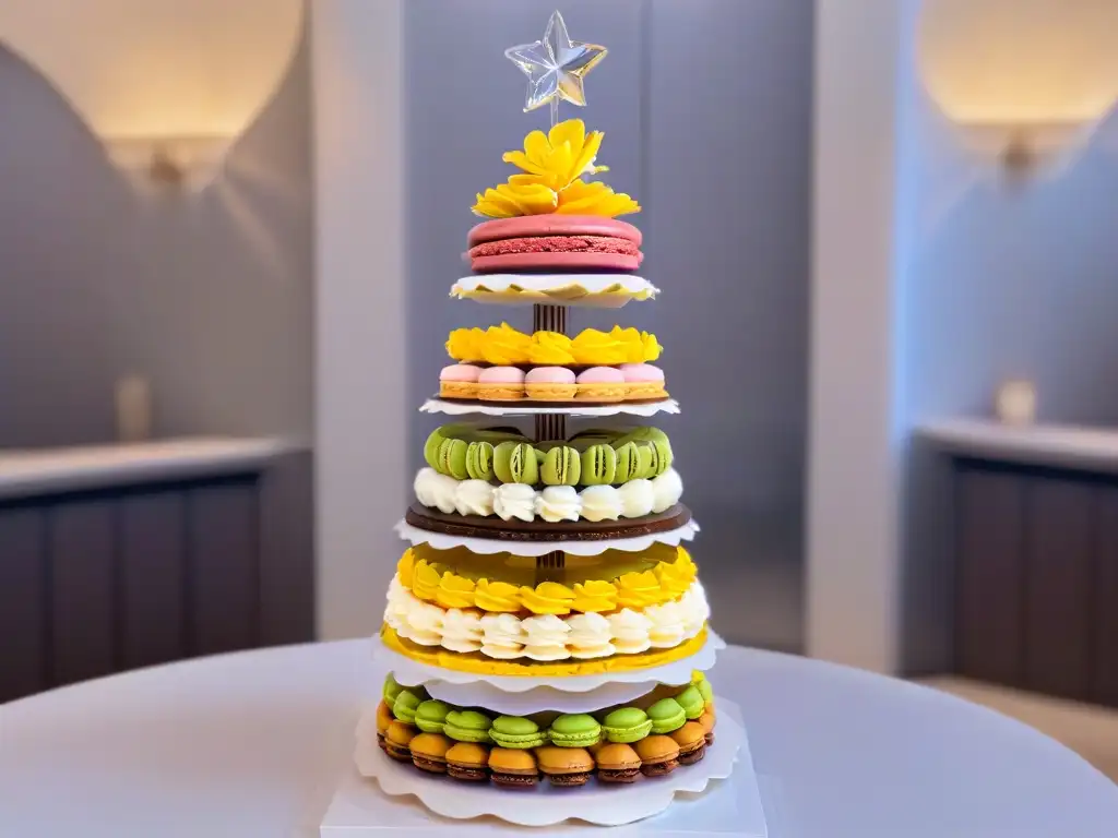 Una torre de macarons delicadamente diseñada en tonos pastel, mostrando lujo y precisión en la pastelería