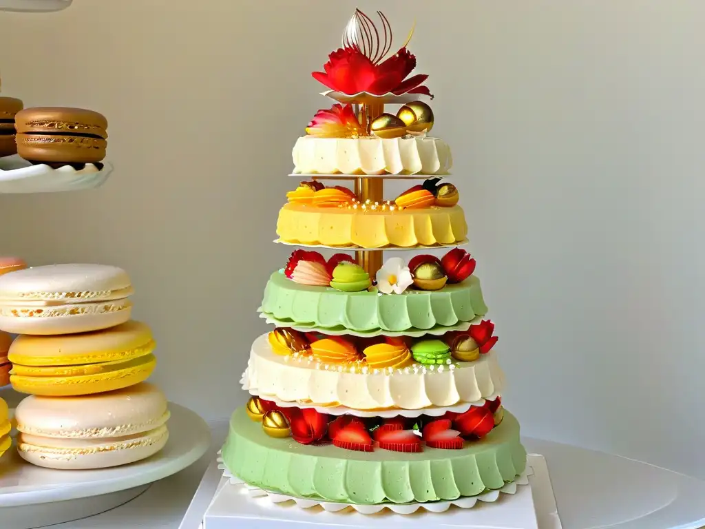 Una torre de macarons perfectamente elaborados, con colores vibrantes y texturas detalladas