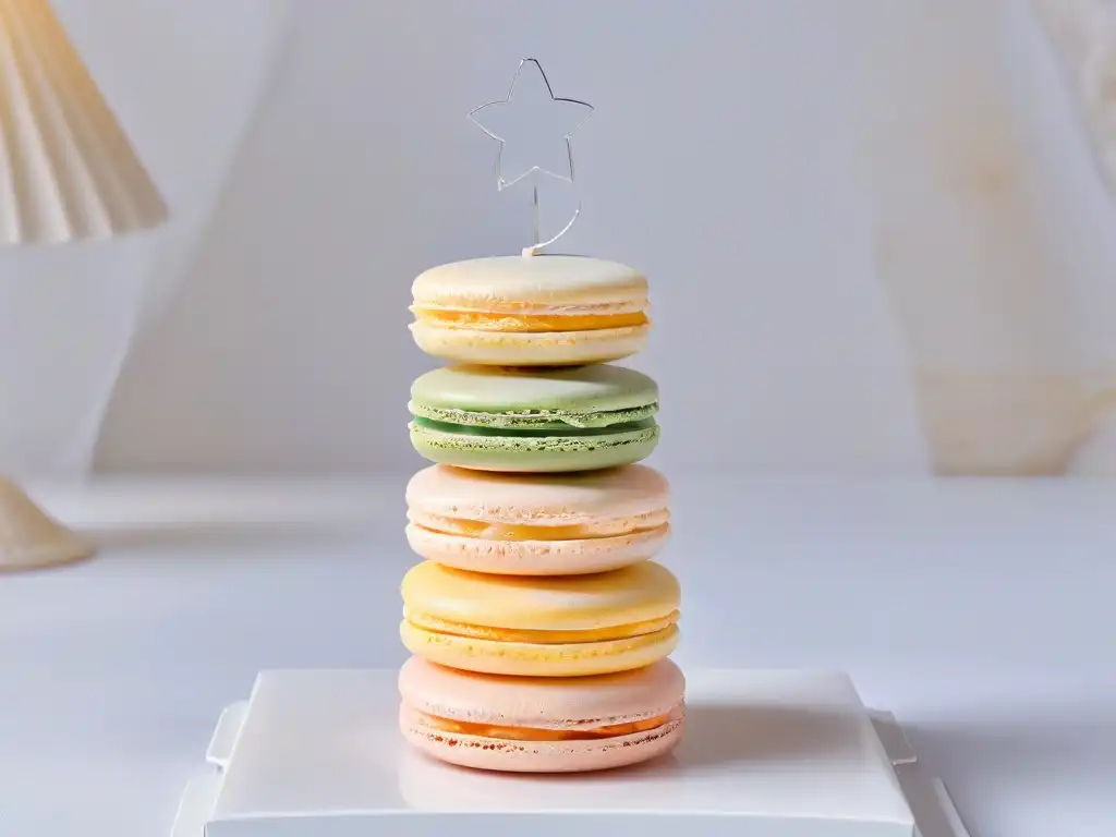 Una torre de macarons delicadamente elaborados en colores pastel, reflejando la artesanía de la repostería francesa tradicional del siglo