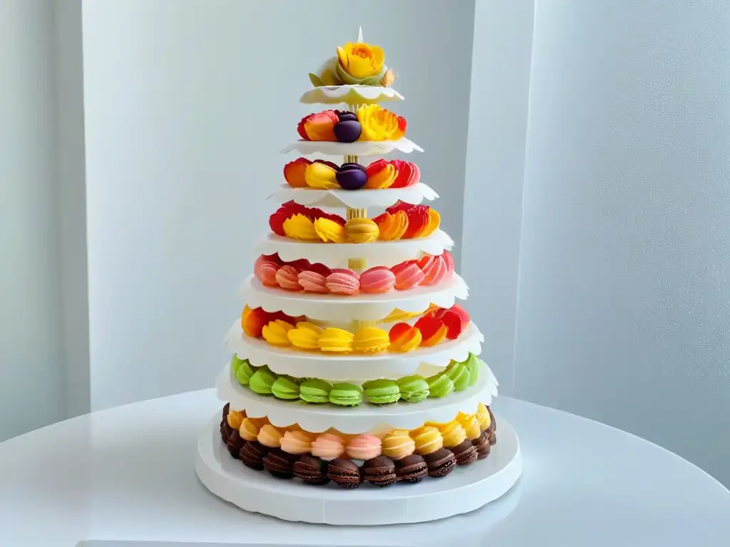 Una torre de macarons exquisitamente elaborados en plato blanco, exhibiendo colores pastel y diseños intrincados