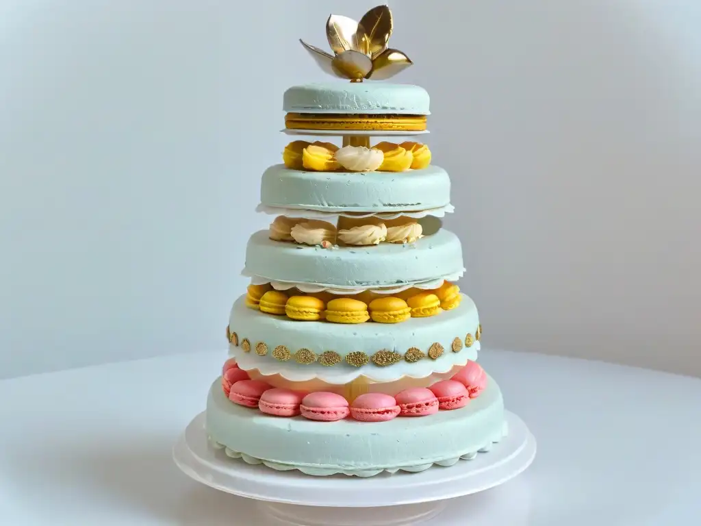 Torre de macarons delicadamente elaborados en tonos pasteles y diseños intrincados, reflejando las tendencias pastelería de lujo