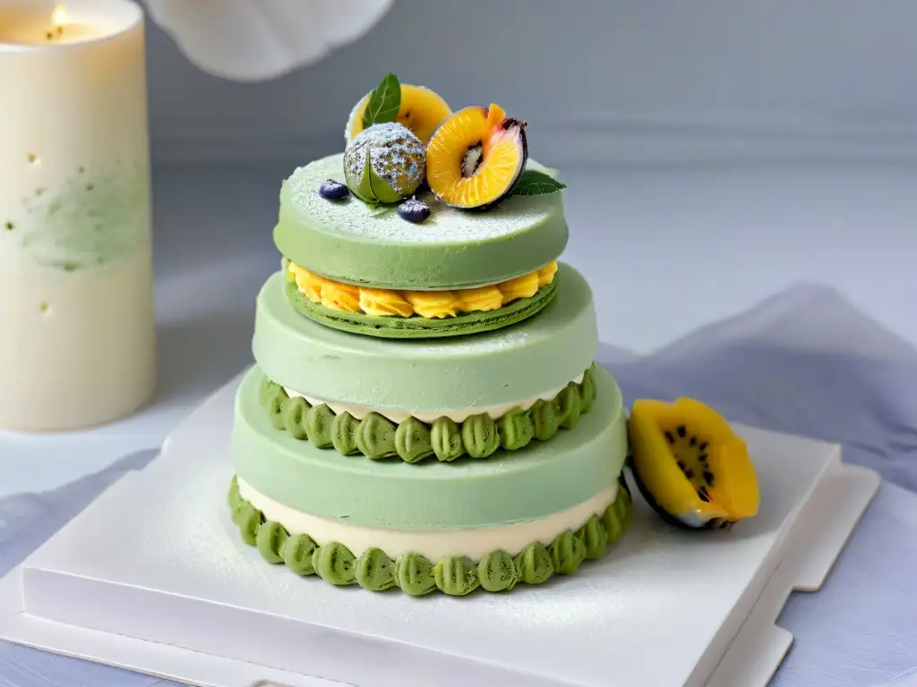 Torre de macarons exóticos fusionados en una presentación elegante