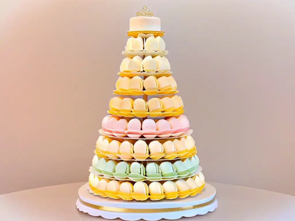 Una torre de macarons franceses delicados, con colores pastel y detalles dorados, reflejando un trabajo artesanal exquisito