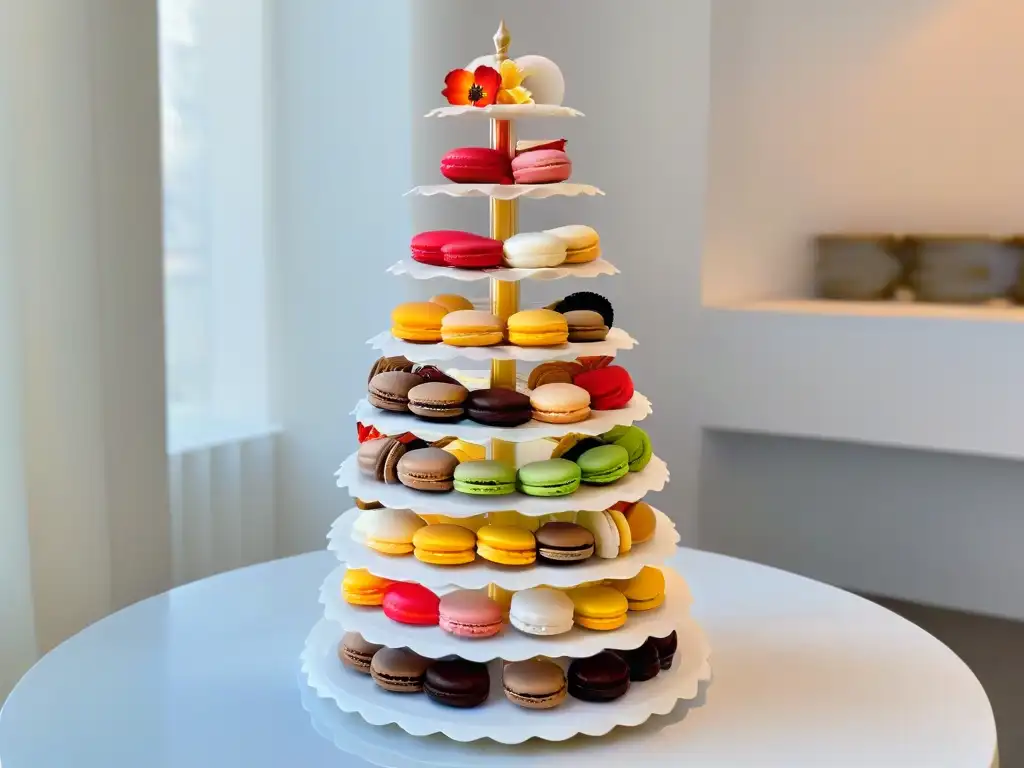 Una torre de macarons franceses delicados, con colores vibrantes y diseños intrincados que reflejan influencia internacional repostería moderna