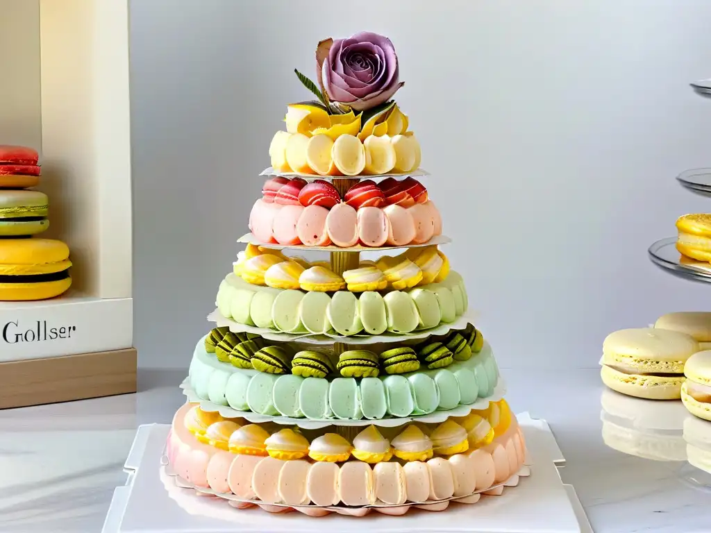 Una torre de macarons franceses delicados en tonos pastel, con detalles en oro comestible