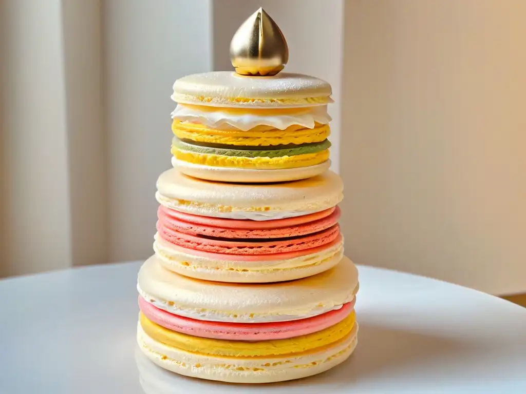 Torre de macarons franceses delicados, detallados y elegantes con toques de oro comestible