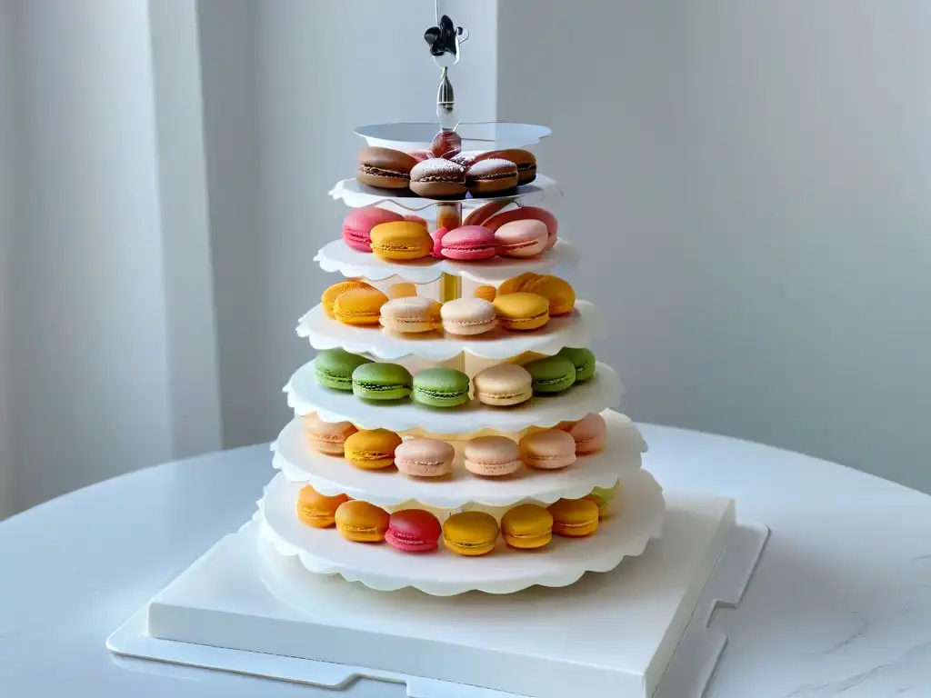 Una torre de macarons franceses delicados en vibrantes colores pastel y patrones intrincados, sobre una elegante bandeja de mármol