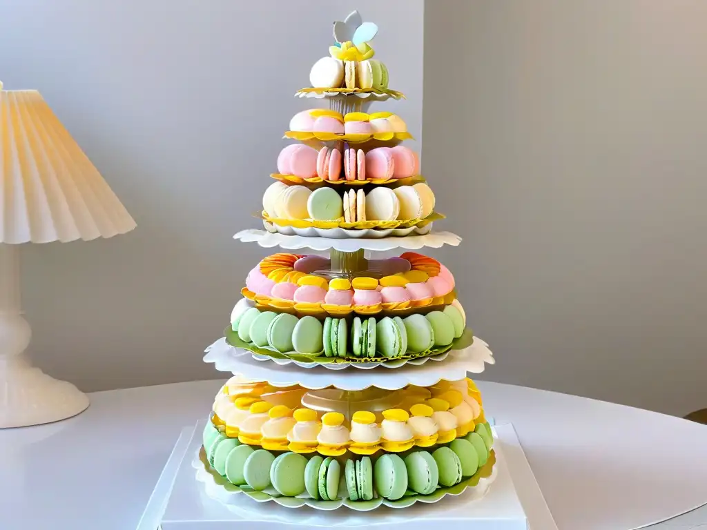 Una torre de macarons franceses delicados en tonos pastel, reflejando luz, sobre plato de porcelana blanco