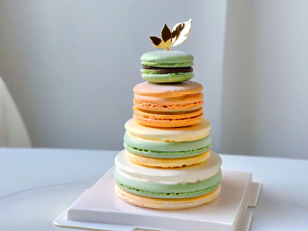 Torre de macarons franceses delicados en colores pastel y diseños intrincados, sobre plato de mármol