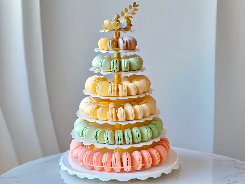 Un torre de macarons franceses con detalles exquisitos, colores pastel y texturas delicadas