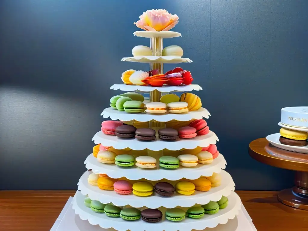 Una torre de macarons franceses en tonos pastel, exquisitamente detallada