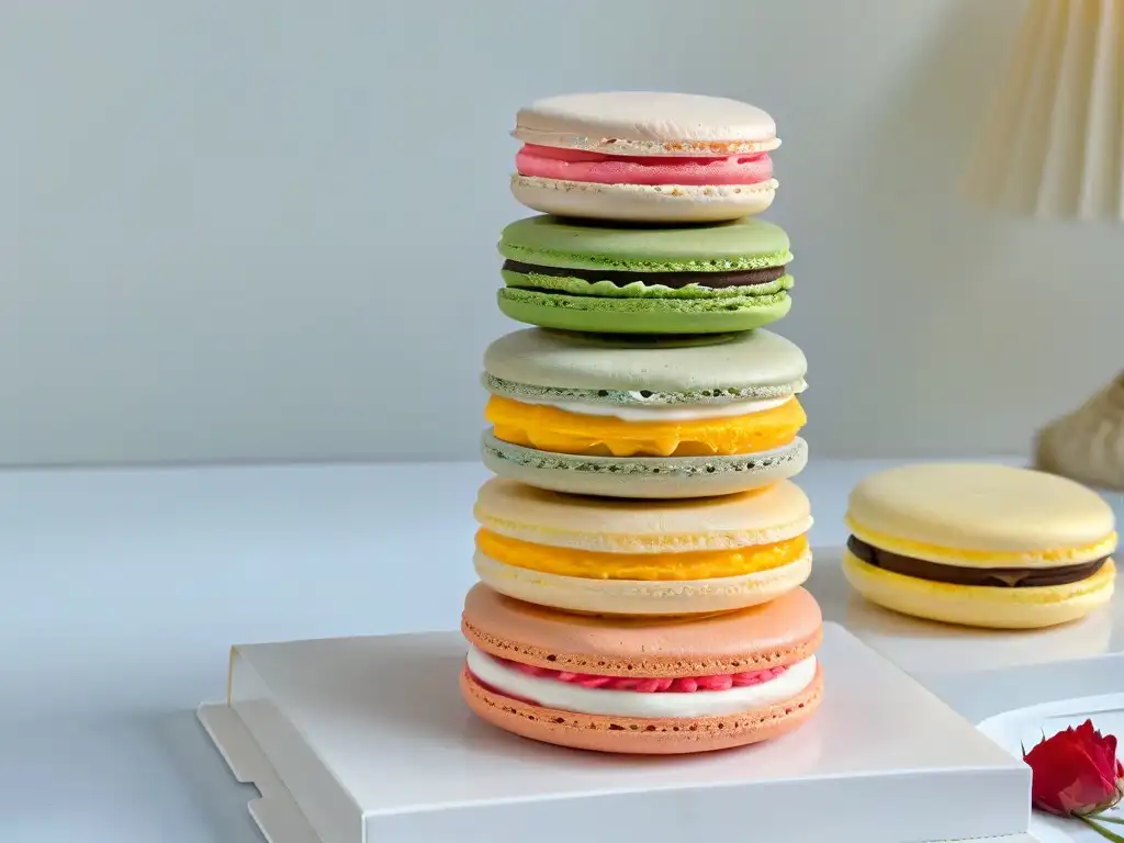 Una torre de macarons franceses en tonos pastel con detalles exquisitos, ideal para revistas digitales repostería internacional