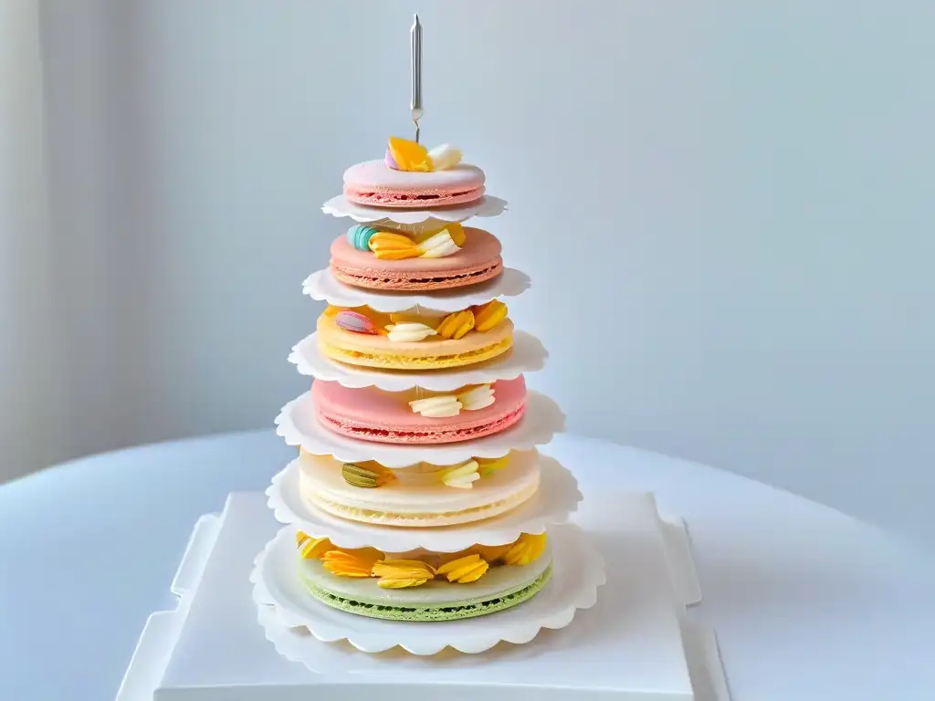 Torre de macarons franceses en tonos pastel, sobre plato de mármol blanco, iluminados con delicadeza