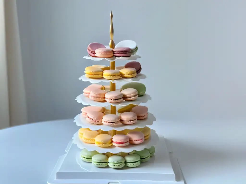 Una torre de macarons franceses en tonos pastel, detallados y elegantes