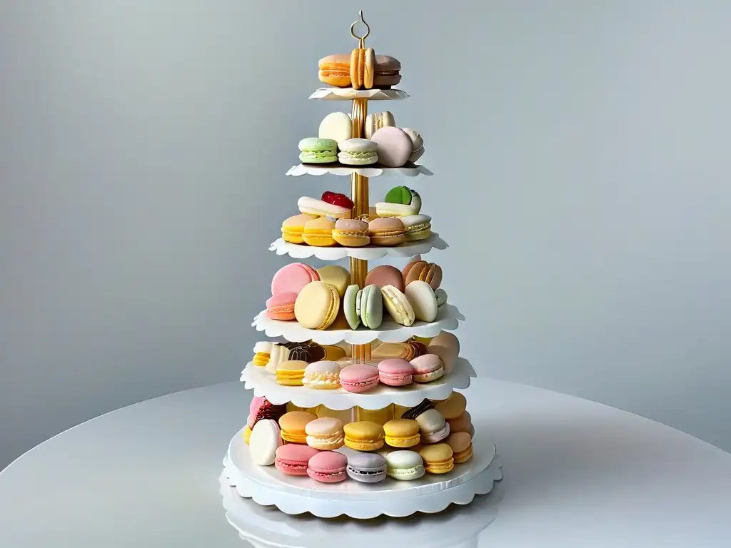 Torre de macarons franceses en tonos pastel, destacando la elegancia y precisión del arte de la repostería