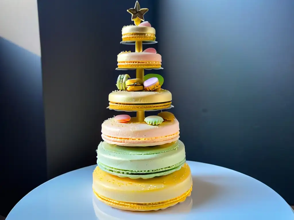Una torre de macarons pastel, adornada con láminas de oro comestible