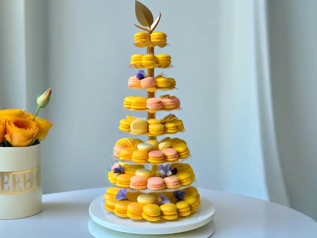 Un torre de macarons pastel perfectamente decorados, mostrando la tendencia global en repostería con detalles intrincados y elegantes