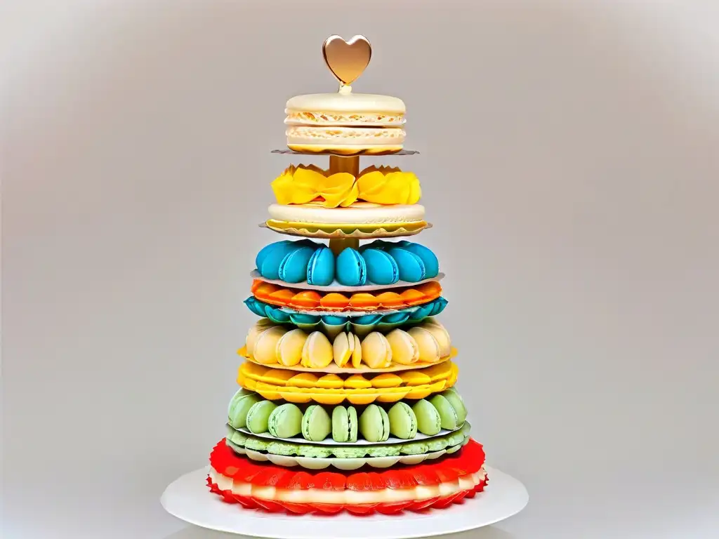 Una torre de macarons vibrante y colorida, detallada y perfectamente formada, en un fondo blanco