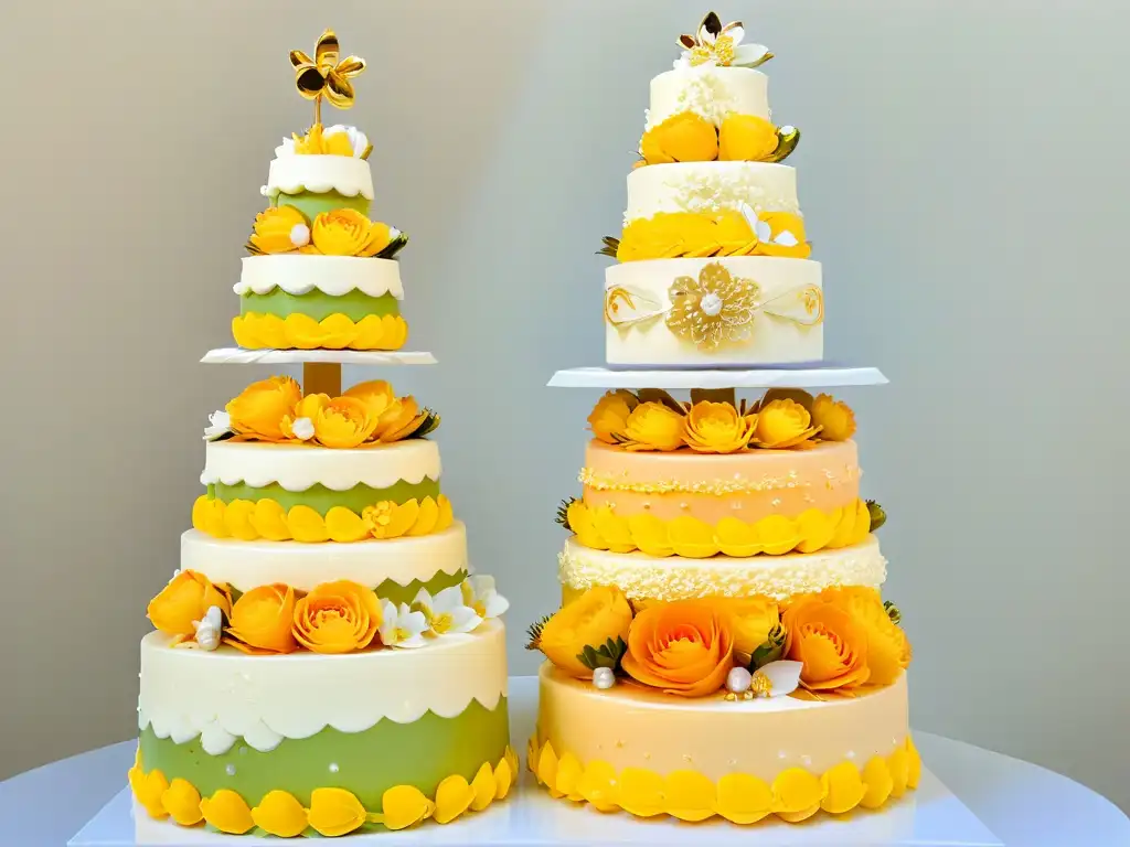 Un torre de macarons vibrante y detallada, decorada con toques elegantes y exhibiendo una variedad de colores y sabores