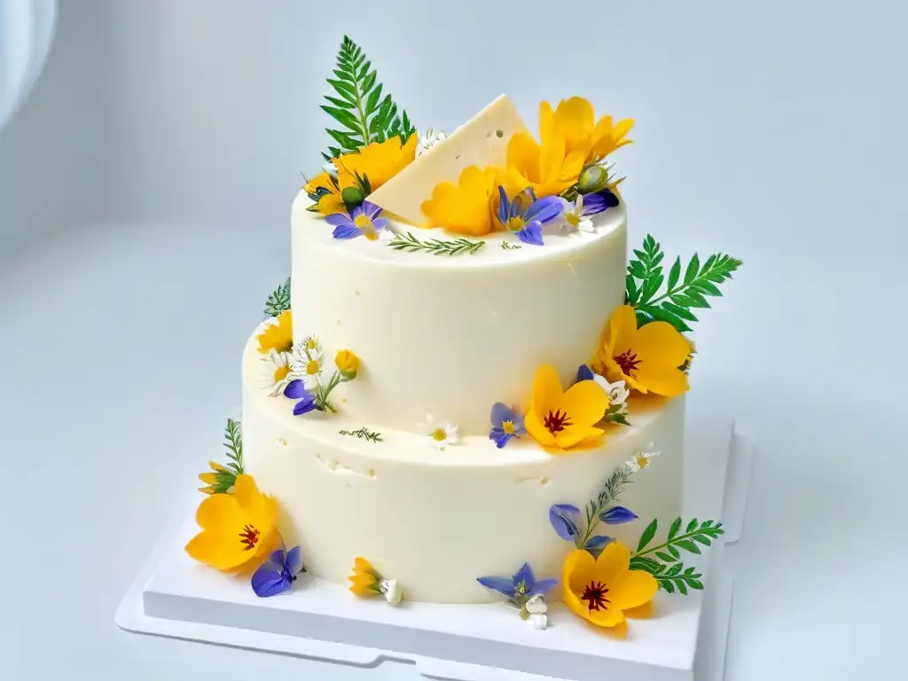 Una torre de quesos decorada con hierbas frescas y flores comestibles, ideal para bodas