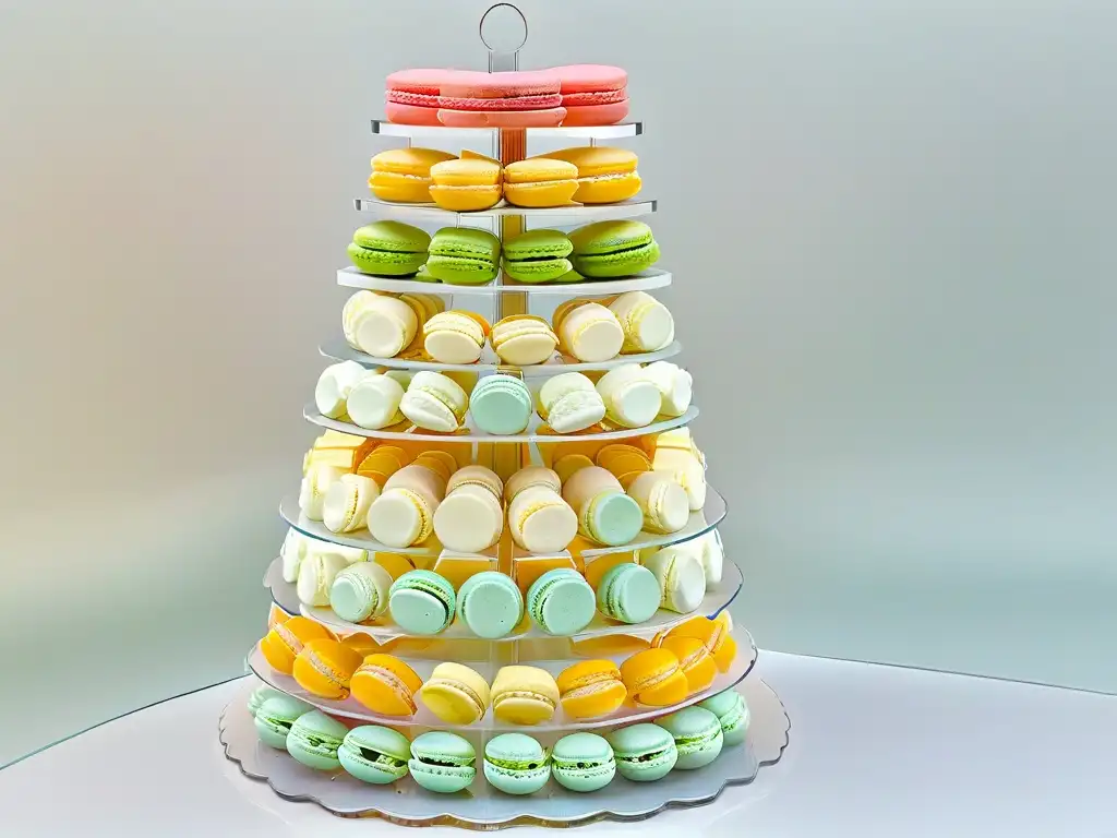 Torres de macarons para bodas: Elegante espiral de macarons coloridos en soporte acrílico transparente