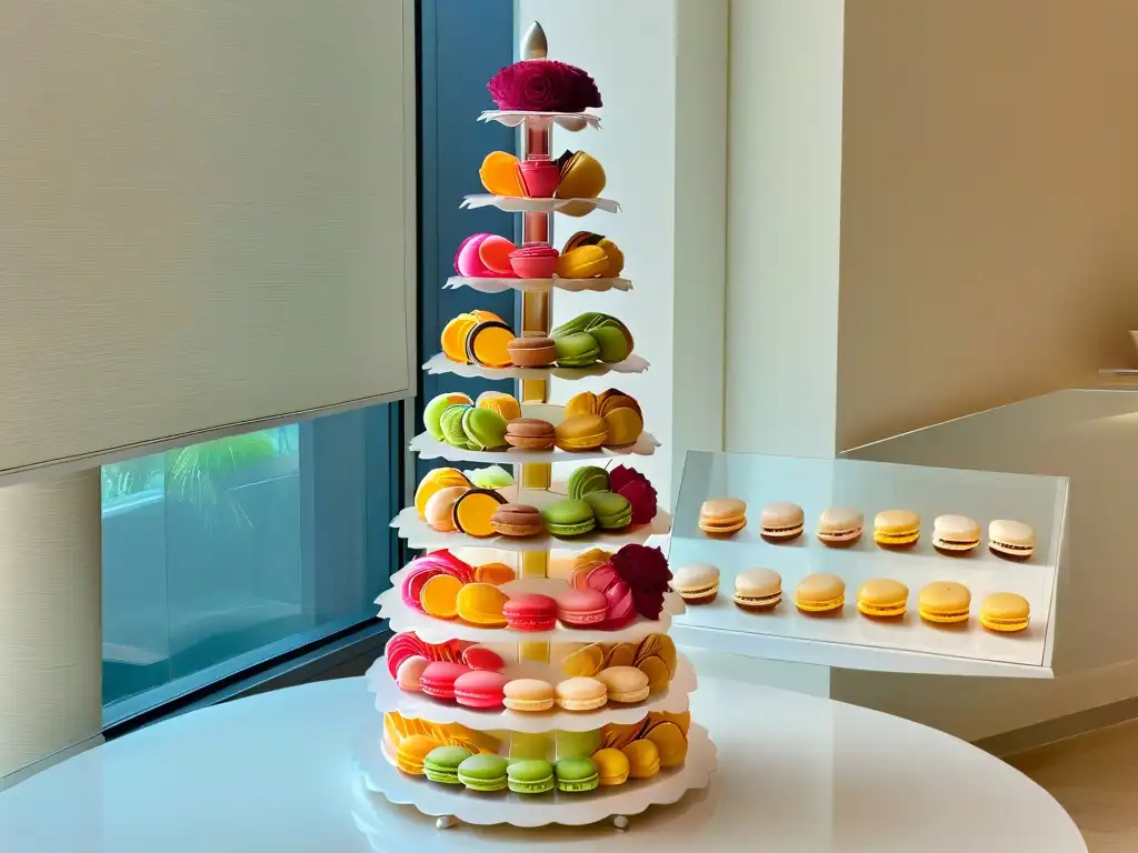 Torres de macarons para bodas: una exhibición elegante y colorida de macarons en espiral, creando un centro sofisticado y lujoso